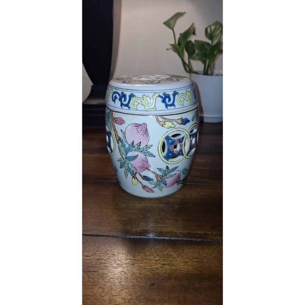 Antique Chinese Famille Rose Porcelain Pink Moth Fruit Barrel Jars 6.25"h 5"dia